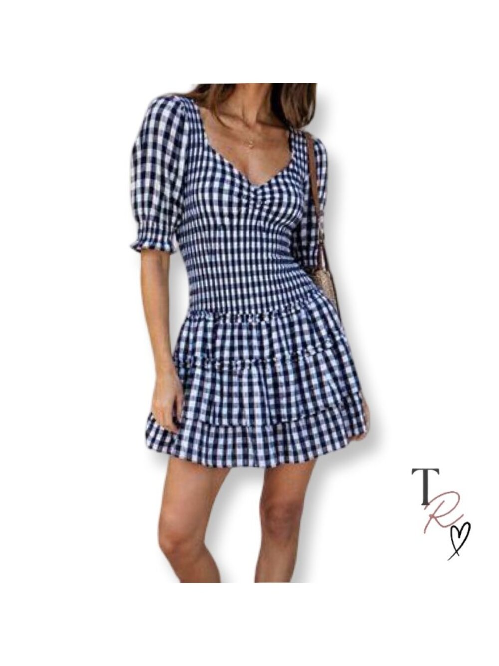Caroline Constas Sabrina Smocked Puff Sleeve Navy Gingham Mini Dress Size Small